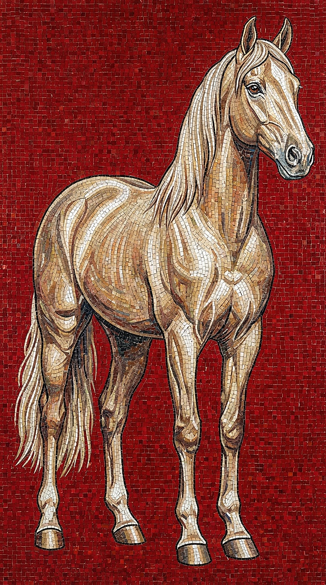 马匹以工笔风勾勒，拼贴风镶嵌，石刻质感细腻，古典与复古交织，红底衬托出优雅唯美的视觉张力。