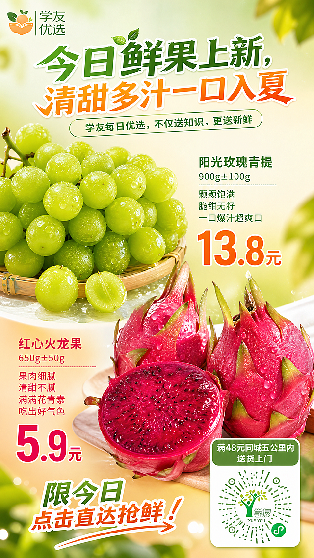 生鲜水果手机全屏海报，9:16竖版，写实商业摄影风格，食欲感满满。画面主体为两种新鲜水果：【图1】阳光玫瑰青提（带水珠的翠绿葡萄串，饱满晶莹）和【图2】红心火龙果（鲜红外皮，新鲜诱人），两种水果以主大辅小方式错落陈列，青提在上半区偏左，火龙果在下半区偏右，都带有水珠微距特写质感，水润饱满。背景为清新的浅绿到浅橙渐变，明亮自然光从侧前方照射，柔和阴影，前景点缀虚化绿叶和光斑，营造夏日清新氛围。左上角放置【图3】学友优选Logo，清晰完整。右下角放置【图4】小程序商城码（去除左上角"商城码"三个字，二维码整体色调调整为与画面清新绿橙风格一致，保持码的可识别性），二维码上方有醒目的绿色圆角标签，标签内白色大字写着"满48元同城五公里内送货上门"。文字排版：画面中上位置主标题"今日鲜果上新，清甜多汁一口入夏"，下方副标题"学友每日优选，不仅送知识，更送新鲜"。青提旁标注产品信息："阳光玫瑰青提 900g±100g 颗颗饱满 脆甜无籽 一口爆汁超爽口 13.8元"，价格数字超大加粗。火龙果旁标注产品信息："红心火龙果 650g±50g 果肉细腻 清甜不腻 满满花青素吃出好气色 5.9元"，价格数字超大加粗。底部有"限今日 点击直达抢鲜！"行动指令。配色以鲜绿、亮橙、玫红为主，水果蔬菜鲜亮色调。文字不遮挡食材，排版疏密有致，留白舒适，版式精美，高信息密度但不拥挤。画面中所有数字必须精确渲染："900g±100g"、"13.8元"、"650g±50g"、"5.9元"、"48元"、"5公里"，不得错位、遗漏或编造。画面中所有信息区域必须填充完整合理的内容，不得出现空白框或占位。超高清2K画质，商业摄影级质感。
