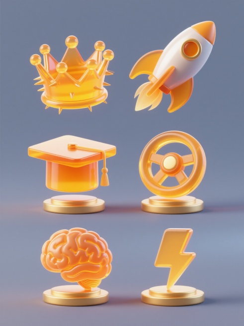 一组6个完全不同的充值相关元素的3D图标，每个元素都具有与原图一致的高光泽橙黄色透明材质，圆润边角设计，细腻的渐变光影效果，底部带有金色圆形底座，所有图标在纯色背景上以规整的网格排布，保持相同的卡通风预览效果