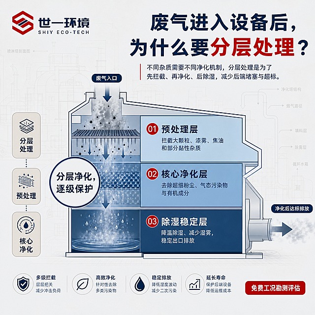 一张1:1正方形的环保技术科普海报，剖面分层透视版式，高级浅石墨灰底色#ECEFF1，主色深海蓝#0F2A44，强调红#B71C1C，辅助雾灰#D8D2C9。背景有环保设备剖面结构、烟气路径与净化层级的淡线稿底纹，透明度8%-12%，非常淡不抢主体。

【左上锚点】放置世一环境SHIY ECO-TECH的Logo，红色六边形S形标志+深蓝色中文'世一环境'+英文'SHIY ECO-TECH'，Logo清晰完整。

【画面右上主标题】大字号深海蓝主标题：'废气进入设备后，为什么要分层处理？'，其中'分层处理'四个字用强调红#B71C1C标红突出。

【标题下方摘要】较小字号摘要文字：'不同杂质需要不同净化机制，分层处理是为了先拦截、再净化、后除湿，减少后端堵塞与超标。'

【中心主视觉剖面分层区】画面中心用轻量环保设备剖面轮廓表现三层结构，概念化结构不画成复杂施工图，干净简洁：
- 上层：预处理层，功能文字'拦截大颗粒、漆雾、焦油和部分黏性杂质'
- 中层：核心净化层，功能文字'去除超细粉尘、气态污染物与有机成分'
- 下层：除湿稳定层，功能文字'降温除湿、减少湿雾，稳定出口排放'
三层用不同深浅的蓝色块区分，有烟气从上往下流动的箭头示意。剖面中心标注加粗文字：'分层净化，逐级保护'。

【左下竖排标签】左下角竖排排列三个小标签：'分层处理'、'预处理'、'核心净化'，雾灰底深蓝字。

【右下角CTA】右下角缩小字号的CTA按钮：'免费工况勘测评估'，强调红底白字圆角矩形按钮。

整体风格：技术科普风，专业感强但不晦涩，版式精美，信息层级分明，四周留安全边距，画面干净高级。底部不要二维码。画面中所有信息区域必须填充完整合理的内容，不得出现空白框或占位。