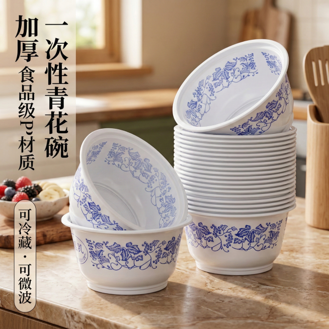 基于原图制作电商主图，将背景改为温馨厨房场景，突出碗的使用场景，保留“加厚”“一次性青花碗”“食品级PP材质”“可冷藏可微波”卖点文字，文字排版调整为左侧竖排，产品倾斜摆放展示细节预览效果