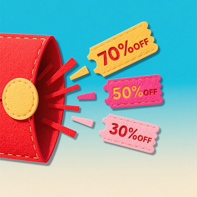 卡通感插画风，轻拟物设计，红黄粉配色拼贴式优惠券从钱包飞出，面料质感强化促销氛围，充满可爱与节日欢庆感。