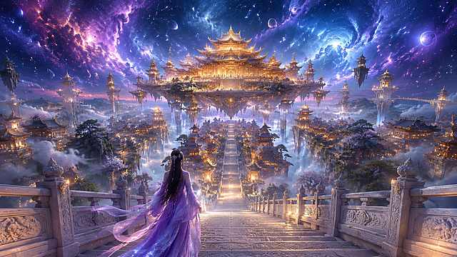 宇宙星云天宫秘境，星穹之上的东方仙宫，史诗级中式仙侠美学场景，极繁主义细节，极致高角度空间延伸感，兼具恢弘仙气与空灵孤寂感，高角度纵深构图，以石质天阶与悬浮古殿为引导线，强化从近景女子到远景星云的多层级空间延伸感，打造天阶通星穹的史诗透视效果，画面近景的石质天阶上，身着紫纱古装的女子缓步前行，长发垂落，衣袂随风轻扬，目光望向天阶尽头，天阶两侧的白玉栏杆纹理细腻，尽显天宫的圣洁庄严，画面中央的巨型鎏金古殿悬于星穹之上，飞檐翘角，灯火通明，下方的古建群鳞次栉比，树木掩映间万家灯火，尽显天宫盛景，深邃的宇宙天际，蓝紫双色星云翻涌，星光璀璨，冷调星云与天宫暖光交相辉映，通过天阶的引导、建筑的悬浮层次、光影的冷暖对比，极致放大场景的宇宙级恢弘感与浪漫氛围，主殿的鎏金装饰、飞檐斗拱、雕花窗棂、古建群的层叠结构、石质天阶的纹理与雕刻，细节可放大赏析，星云的色彩层次与流动效果、星光的闪烁质感、古装女子的衣袂褶皱与发丝动态、树木的枝叶层次，微观层次饱满，近实远虚、冷暖交织，近景天阶与人物在柔光下细节清晰，中景天宫灯火暖黄明亮，远景星云泛着冷调柔光，通过明暗对比与虚实渐变强化宇宙仙侠感，整体光影层次丰富，氛围感拉满，建筑的木质与鎏金光泽、天阶的温润石材质感、星云的朦胧流动感、衣料的轻盈飘逸感，8K超写实渲染，极致细节质感，中式仙侠美学，宇宙史诗，极繁主义构图，秩序井然的元素堆叠，通过高角度空间延伸感与光影打造极致恢弘浪漫感，UE5渲染，8K超清，电影级调色，景深效果，HDR，禁止西方建筑元素、现代科技、畸形结构、模糊纹理、杂乱色彩、过曝/死黑区域，禁止人物出现畸形肢体，禁止破坏空间纵深感的平面化构图