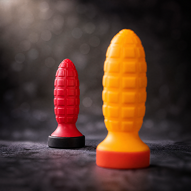 [商品] 使用【图1】中的两款硅胶负压训练器；严格保留黄色款（橙红底座+黄色硅胶主体+方格颗粒纹理+尖头顶部）和红色款（黑色底座+红色硅胶主体+方格颗粒纹理+圆头顶部）的完整结构、颜色、材质、比例、每一格纹理的形状与排列，产品从头到尾完整呈现，绝对不拉伸、不压扁、不变形，纹理边缘锐利清晰，硅胶质感真实细腻。
[画面] 目标：B. 景深感网感风。模拟手机大光圈直出效果，黄色款位于画面前景偏右，大尺寸虚化（主体轮廓清晰但表面纹理柔化），占画面约45%；红色款位于中景偏左，尺寸稍小但完全锐利清晰，占画面约30%；两支呈对角线错落摆放，尖头朝向画面上方；背景为深灰色渐变虚化，带有柔和光斑，景深极浅，突出网感拍照质感。
[视觉] 套系策略：风格=手机大光圈网感产品摄影；标题字=无；正文字=无；主色=深灰+产品红黄撞色；背景延展=深灰到黑的渐变虚化背景；强调色=产品本身红黄；标题色=无；正文色=无；组件=无；光影=侧上方自然光感，前景虚化自然，中景锐利有质感。
[文字] 本图无任何文字、水印、Logo。
[规格] 图片比例1:1正方形，4K超高清，high质量，负向提示：无文字、无水印、无Logo、无变形、无拉伸、无压扁、无缺件、产品不截断、前景虚化自然、中景锐利、产品比例精准还原、无导管配件入镜。