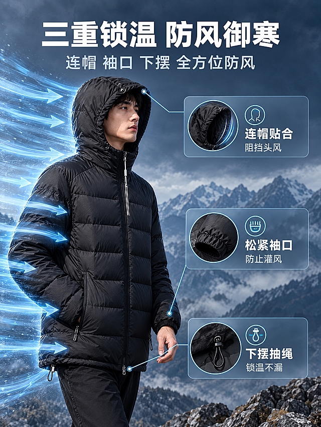[商品] 使用【图1】男士黑色轻薄连帽羽绒服；商品处理：保留连帽、横向绗缝、中央拉链、两侧拉链口袋、下摆抽绳、袖口松紧、黑色面料；自然去皱，增强面料纹理和五金质感，不改变版型。
[画面] 页面目标：演示防风锁温功能结构。功能演示型，主体为模特穿着本品的侧面半身像，位于画面左侧，占画面50%，模特微侧站立，冷风从左侧吹来的可视化效果（蓝色流线箭头）被衣服阻挡。画面右侧有3个功能标注点，用细引线连接到对应部位：1. 连帽处-贴合头部阻挡冷风灌入；2. 袖口处-松紧袖口锁温；3. 下摆处-抽绳调节防止钻风。背景为秋冬户外山景，远处有山峦，天空阴沉，营造冷风环境氛围。
[视觉] 套系策略：风格=高级户外机能商业摄影；标题字=现代无衬线粗体；正文字=简洁无衬线体；主色=深炭黑；背景延展=基于雾蓝冷灰做深浅层级渐变与户外山野质感；强调色=冰蓝色，仅用于冷风流线、图标和引线；标题色=白色；正文色=浅灰色；组件=圆角半透明机能风信息卡、细线引线、冷风流线可视化；光影=侧逆光勾勒衣服轮廓，突出防风效果。
[文字] 顶部大标题"三重锁温 防风御寒"，副标题"连帽 袖口 下摆 全方位防风"。3个标注点分别配文字"连帽贴合 阻挡头风""松紧袖口 防止灌风""下摆抽绳 锁温不漏"。文字横排，层次清晰，不遮挡服装主体结构。
[规格] 图片比例3:4竖版，2K分辨率，避免变形、错字、文字过小、衣服颜色改变、版型失真、模特面部扭曲。