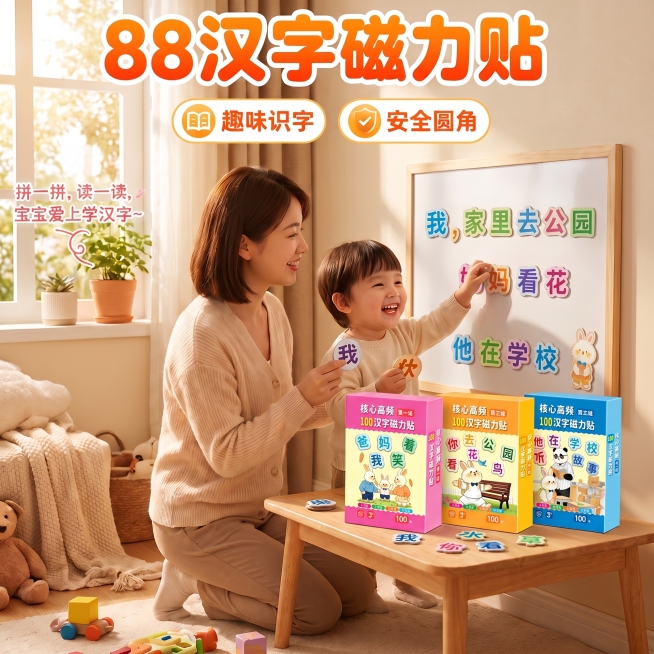 「图片1」「图片1」将图1中白板上汉字磁力贴替换成图2中白板上的汉字磁力贴，主体为桌面上的三款包装盒，画质清晰预览效果