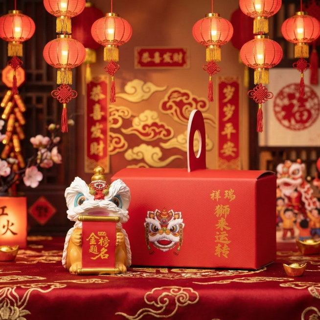 保留原图中的醒狮摆件和红色礼盒主体，将背景替换为喜庆的新春中式背景，有红色灯笼、金色祥云元素，氛围热闹红火，突出主体物品预览效果