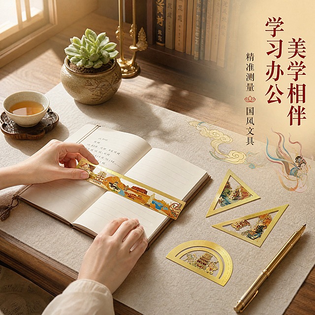 [主图-3] 敦煌金属套尺使用场景图，展示学习办公桌面使用状态，传递实用与美学兼具的价值。
[统一基调] 国潮敦煌风格，背景主色为暖砂金色渐变，点缀敦煌飞天飘带与祥云纹样装饰；标题字色为朱砂红，辅助字色为深褐色，强调色为石青与石绿；字体采用宋体衬线体，古典雅致；卡片与图标用金色细描边，整体精致高级有文化底蕴。
[画面] 画面展示一张原木色书桌的局部，桌面上铺着浅米色毛毡垫，垫上摆放打开的线装笔记本，一只手（年轻女性，肤色白皙，指甲淡粉色）正拿着敦煌金属直尺在笔记本上划线测量；旁边斜放着三角尺和量角器，桌上还有一支黄铜钢笔、一小盆多肉植物、一杯清茶作为氛围道具；背景是虚化的书房书架，能隐约看到几本古籍；整体氛围安静雅致，充满国风书房气息；产品占画面约50%，45度俯视角度。
[光影质感] 自然光从左侧窗户照入，柔和温暖，桌面物品有自然投影，金属尺面反射柔和光线，整体光影层次丰富，温馨有质感。
[配色] 原木色桌面+浅米色毛毡+暖调自然光，产品金色金属突出，标题朱砂红，辅助文字深褐色。
[文字版式] 右上角竖排大标题"学习办公 美学相伴"，下方小字"精准测量 国风文具"，文字放在右上负空间，不遮挡手部和产品主体。
[输出要求] 1:1正方形比例，2K分辨率，产品清晰，手部自然不畸形，场景氛围真实；禁止手指畸形、面部出现、产品变形、错字、模糊、水印、平台Logo。