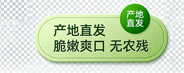 黄瓜直播透明底圆角贴片，右上绿色款，文字内容"产地直发 脆嫩爽口 无农残"，圆角设计，绿色风格，透明背景