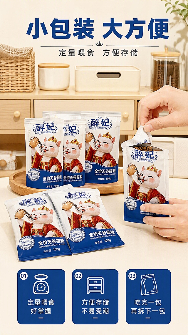 [第8张] 小包装优势页——醉妃猫粮定量小包装展示。本张使用【图1】作为商品主体参考，展示小包装形态。
[氛围/风格] 清新实用风，信息清晰，生活化场景，商业摄影质感。
[元素布局] 画面中央展示多包小型独立包装袋（从大包装衍生的小袋形态，包装设计风格与大图1保持一致：蓝白配色+宫廷猫IP），约5-6包堆叠或散开摆放，占比约50%；旁边有一只手正在撕开一包小包装；背景为厨房收纳柜或储物架场景，体现存储方便；包装设计语言与输入图1统一。
[光影质感] 均匀柔光，小包装质感清晰，手部动作自然，整体明亮干净。
[配色色系] 全局底色 #F5F0E6（米白）；主色 #1E3A8A（深蓝包装）；辅助色 #D4AF37（金色）、浅木色收纳柜。
[视角构图] 中央产品群+手部动作，微俯视角度，阅读动线从顶部标题→中央小包装展示→底部卖点。
[文字版式] 顶部大标题「小包装 大方便」，深蓝色粗黑体；副标题「定量喂食 方便存储」，深灰圆角黑体；底部三个卖点竖排：①「定量喂食 好掌握」；②「方便存储 不易受潮」；③「吃完一包 再拆下一包」；每个卖点配小图标，蓝底白字卡片；字色深蓝+白。
[比例分辨率] 9:16 竖版比例，4K分辨率，文字清晰可辨，高清画质。
[负向提示词] 包装变形，文字错乱，颜色偏差，出现功效或健康类表述。