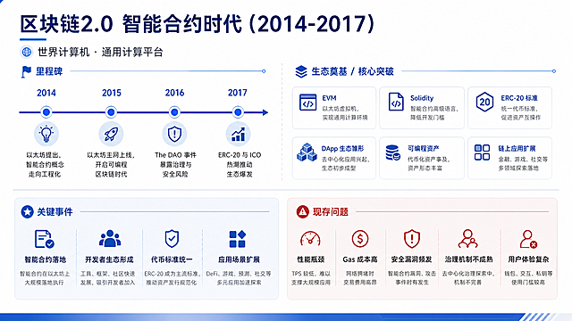PPT第3页，主题区块链2.0 智能合约时代（2014-2017），核心定位世界计算机 · 通用计算平台，上下分区布局，上半部分放里程碑和生态奠基核心突破，下半部分分点放关键事件和现存问题，商务简约风格，干净排版