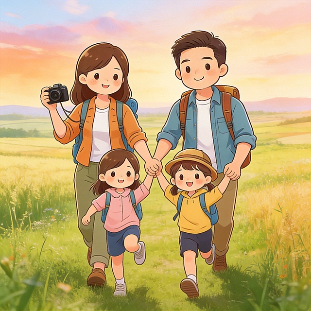 让四个人在辽阔的大自然中行走，女主一手拿着相机，一手拉着小孩，男主拉着小孩，小孩边走边跳，背景为唯美的田野