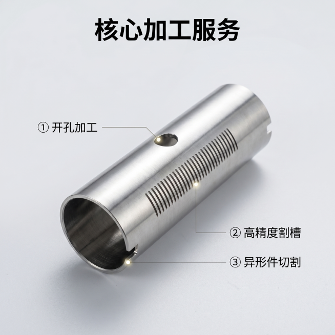 [主图 2] 不锈钢管核心加工服务亮点展示图。
[氛围风格] 工业专业清晰风，整体风格统一首图；
[画质] 商业摄影质感、光线硬朗通透、产品清晰真实、画面干净高级。
[元素] 一根完整不锈钢管放在画面预览效果
