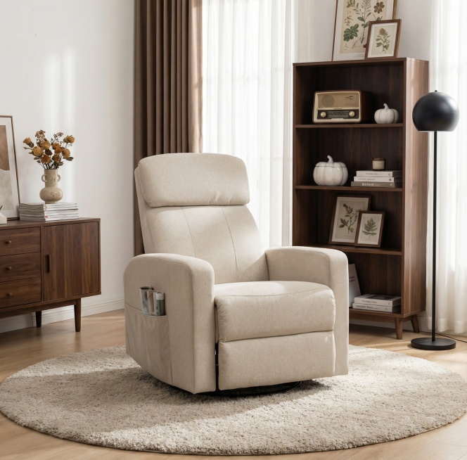 保留图中的米白色单人沙发椅，生成现代中古风氛围空间，墙面为纯净米白色，搭配浅木色地板与浅米色毛绒圆形地毯，右侧有白色纱帘和棕色遮光帘引入柔和自然光，设置深胡桃木多层开放式置物架，层板上摆放复古收音机、预览效果