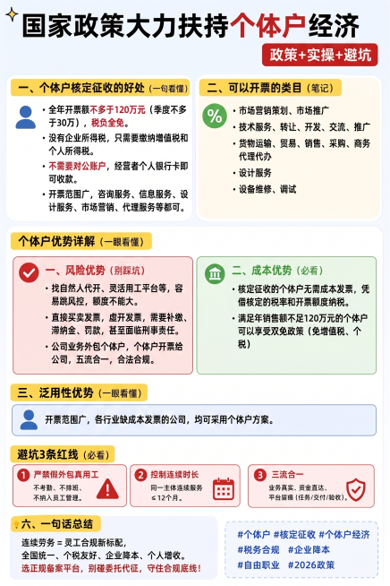 参考原图的排版布局和风格，生成一张政策科普图文，保持浅黄色标题块、内容块分栏、彩色图标标注的设计风格，完整保留用户提供的所有文字内容，内容为：国家政策大力扶持个体户经济 一、个体户核定征收的好处 -预览效果