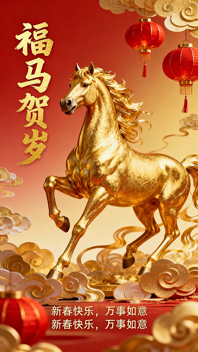 鎏金骏马跃云间，3D重拟物风融合中式元素，红金配色尽显喜庆奢华，祥云灯笼点缀新春氛围。