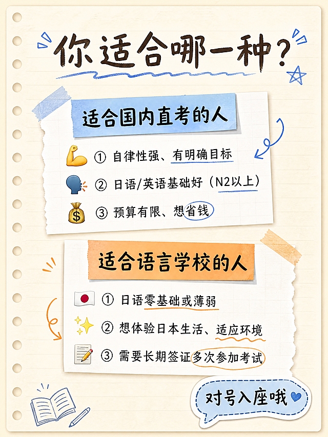 小红书图文内页，手账拼贴风（教育留学主题），版式精美，小红书笔记内页质感，信息层级清晰。页面标题：「你适合哪一种？」。背景：浅米色笔记纸纹理。上下两部分布局：上半部分标题「适合国内直考的人」配蓝色便签底，下列3条：① 自律性强、有明确目标 ② 日语/英语基础好（N2以上）③ 预算有限、想省钱。下半部分标题「适合语言学校的人」配橙色便签底，下列3条：① 日语零基础或薄弱 ② 想体验日本生活、适应环境 ③ 需要长期签证多次参加考试。每条前面有对应的emoji小图标（💪、🗣️、💰、🇯🇵等）。装饰：两个便签纸块用胶带贴在背景上，有轻微阴影立体感，旁边有手绘圈点和下划线标记。右下角有一个小对话框贴纸写「对号入座哦」。整体氛围：亲切分享、实用干货、手账感。画质：高清细腻，文字清晰，四周留安全边距。画面比例 3:4，4K。