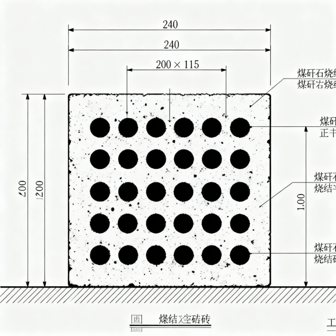工程图纸风格的240×200×115煤矸石烧结空心砖剖面图，清晰标注各部分尺寸，线条干净规整，尺寸标注准确预览效果