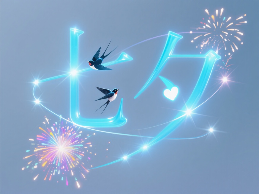 字体为极细线型无衬线体，“七夕”笔画由蓝色激光星轨构成，转折处爆发粒子爱心烟花，字内穿梭全息喜鹊投影，科技感中暗藏东方浪漫，纯色背景，颜色干净预览效果