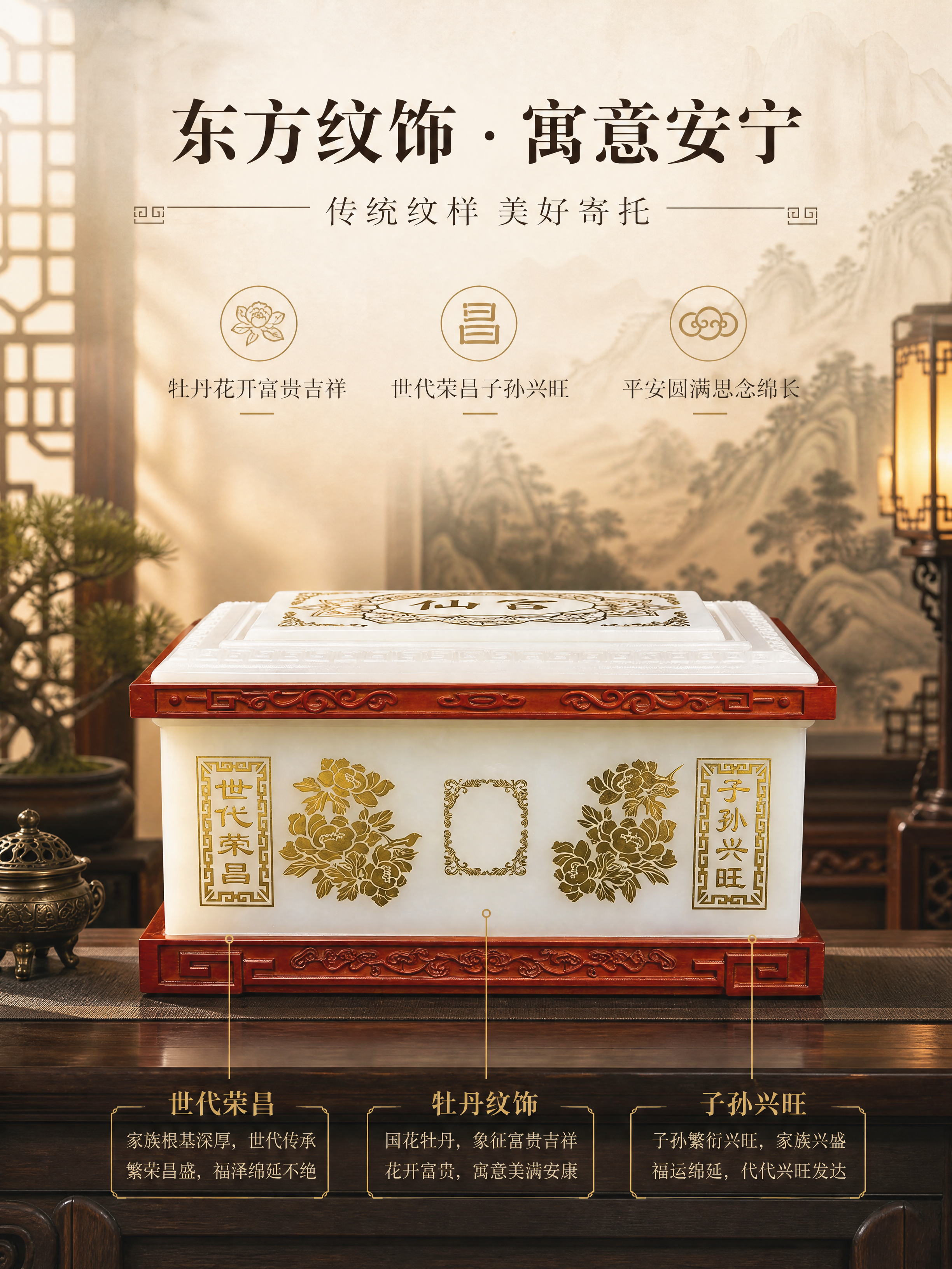 [商品] 使用【图7】水晶白玉琉璃骨灰盒正面（带侧面金饰）图；… - 图片创意预览