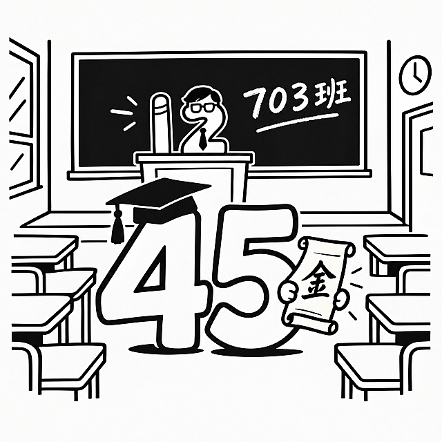 班服正面设计图案，极简黑白线条简笔画风格，干净利落，适合丝网印刷。画面正中央是大号数字"45"，数字4的头顶戴着一顶博士帽，数字5手里拿着一个展开的卷轴，卷轴上写着"金"字。背景是一间教室的简笔轮廓，教室前方有讲台，讲台上有数字"12"——数字1的造型是一支粉笔，数字2是一位戴着领带的老师简笔形象。教室后方的黑板上写着"703班"。整体用简洁的黑色线条勾勒，少量色块填充，风格简约现代，线条流畅，适合印在T恤上。