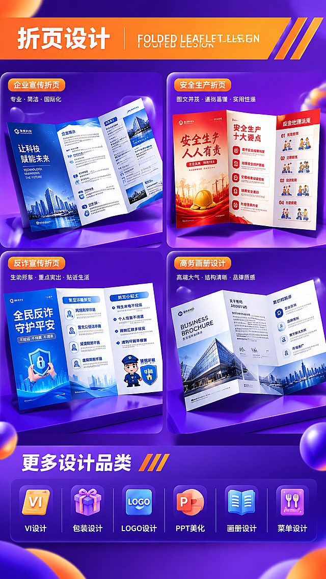 [商品] 使用【图7】海报案例续、【图8】【图9】折页设计案例作为内容和风格参考；服务素材保护：保留折页案例和更多设计品类的作品展示形式，参考案例的多样性和品质感；重新设计为高视觉冲击力的第二屏案例展示页。
[画面] 目标：案例展示第二屏，用折页+综合设计案例展现多品类设计能力。构图：顶部橙色分类标题条，上半部分折页设计案例展示（2行2列大尺寸案例），下半部分综合品类案例小展示（更多设计品类缩略图）；主体占比：折页案例区占60%，综合案例区占30%，标题区占10%；阅读动线：从上到下，先看折页大案例，再看综合品类小案例；前中后景：前景折页案例带3D翻页效果和投影，中景分类分隔条，后景紫色渐变背景。
[视觉] 套系策略：风格=现代商业3D插画风格+高饱和撞色+主视觉冲击力强；标题字=超粗黑体大字，厚重有力量感；正文字=简洁无衬线中黑体；主色=渐变紫（深紫到亮紫）；背景延展=基于紫色做深浅渐变、同色系层次、流体形状装饰；强调色=亮橙色，仅用于小面积标签、图标、装饰元素和重点文字高亮；标题色=纯白色；正文色=浅白色/浅灰色；组件=圆角信息卡、细线图标、流体形状装饰；光影=顶部柔光+桌面局部高光，3D物体有自然投影。
[文字] 顶部橙色分类条：左侧「折页设计」白色粗体，右侧英文「FOLDED LEAFLET DESIGN」白色小字，右侧加三条橙色斜线装饰；折页案例区展示4款不同风格折页（企业宣传、安全生产、反诈宣传、商务画册等），带3D翻折立体效果；底部综合区标题「更多设计品类」白色小字，下方一排小图标+文字：VI设计/包装设计/LOGO设计/PPT美化/画册设计/菜单设计；文字全部横向排版。
[规格] 图片比例9:16竖版，4K分辨率，淘宝/天猫移动端适配；负向提示：避免文字模糊、错字、竖排文字、低画质、案例变形、颜色灰暗、画面杂乱。