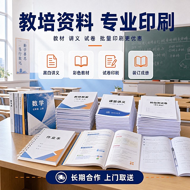 基于参考图的蓝橙配色和打印服务风格，生成一张教培机构场景主图。画面主体是培训机构教室场景，讲台上放着打印好的教案、讲义、试卷，旁边有教材、作业本，背景是黑板和课桌；顶部大标题"教培资料 专业印刷"深蓝色粗体，下方副标题"教材 讲义 试卷 批量印刷更优惠"，中间用图标列出"黑白讲义""彩色教材""试卷印刷""装订成册"四个品类，底部标注"长期合作 上门取送"。背景教室场景，教育氛围，与参考图风格统一。