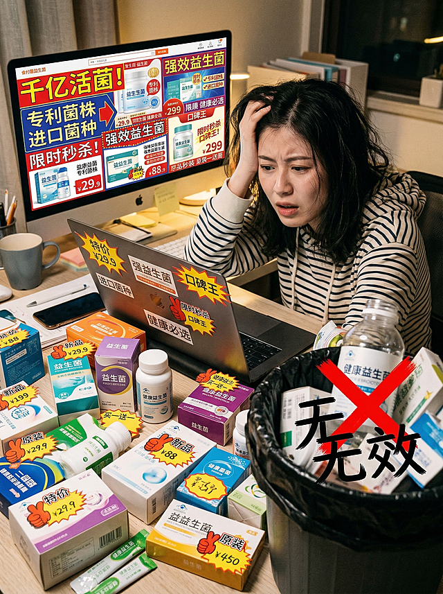 年轻消费者面对电商平台海量益生菌产品感到困惑和崩溃，屏幕上布满夸张的宣传广告，上面标着'千亿活菌'、'专利菌株'、'进口菌种'等五花八门的标签，价格从低到高散落一地。旁边是一个扔进垃圾桶的空瓶子，标签上画着一个大大的红叉和'无效'二字，画风略带夸张搞笑，突出选择困难和浪费钱的痛点