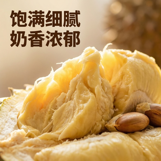 [主图 3 细节纹理微距]
主图主题：金枕榴莲果肉微距细节展示
氛围风格：微距特写，浓郁食欲感，自然暖阳逆光
画面元素：特写镜头聚焦榴莲果肉，展示饱满绵密的果肉纹理，果肉呈现自然金黄光泽，阳光逆光穿透预览效果