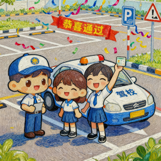 手绘插画风格，驾校拿证庆祝场景，学员与教练在车前合影，学员高举驾照笑容灿烂，背景有彩带和‘恭喜通过’横幅，画面温馨有纪念感，1:1正方形尺寸预览效果