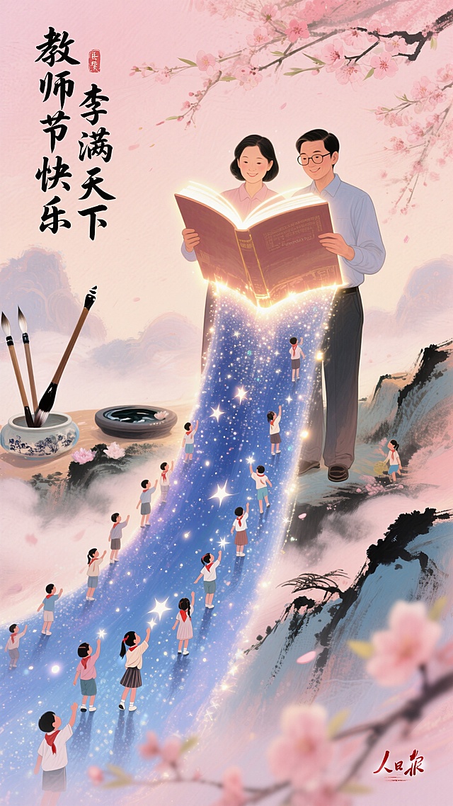 杰作，最佳质量，超详细，竖构图，中国传统绘画风格，人民日报插画美学，温暖粉粉色调，柔和发光。一位和蔼的男老师和一位女老师，共同托举一本巨大的发光书籍，书页化作一条向下流淌的璀璨星河。许多微小的学生（尺寸对比）在星河上攀登、仰望。背景有桃花枝，毛笔，砚台，缥缈的云雾，柔和的水墨纹理，细致的工笔细节，教育和 mentorship 的象征性构图，“桃李满天下”主题，庆典般的宁静氛围，左上角有“教师节快乐”书法字。