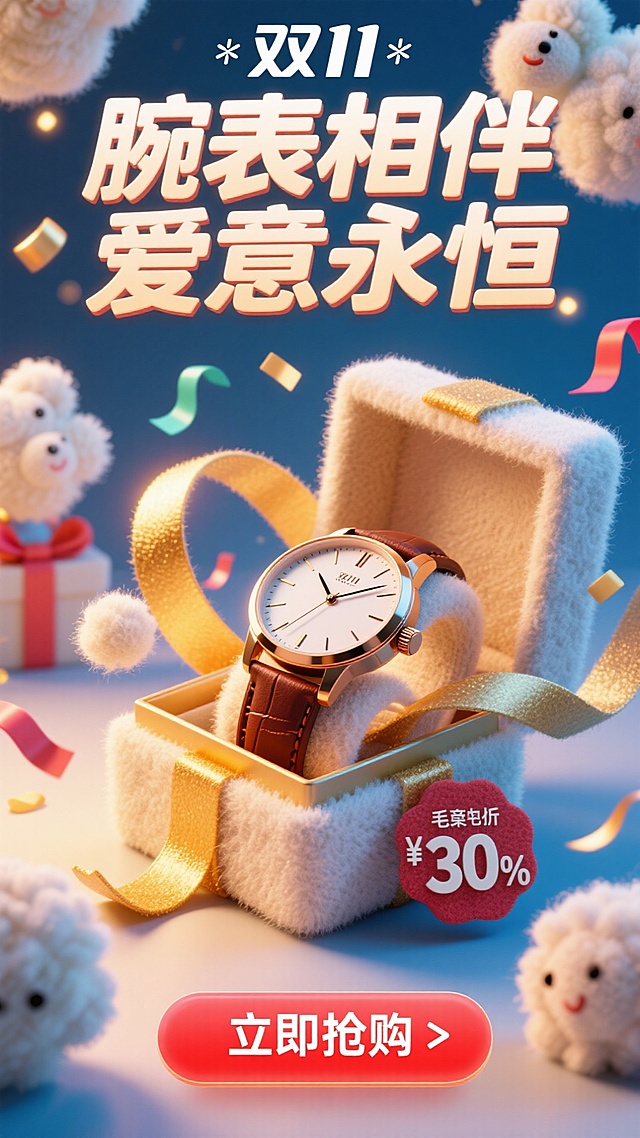 充满活力的双11销售海报构图。一枚优雅的手表放在打开的奢华礼盒中，周围是漂浮的彩带和金色丝带。电商风格，明亮欢快的灯光。“双11”Logo。巨大主标题“腕表相伴 爱意永恒”采用粗体、喜庆的字体。一个大的、令人无法抗拒的红色“立即抢购”按钮，（带有折扣标签降价30%）在底部。商业化，以转化为导向的设计。