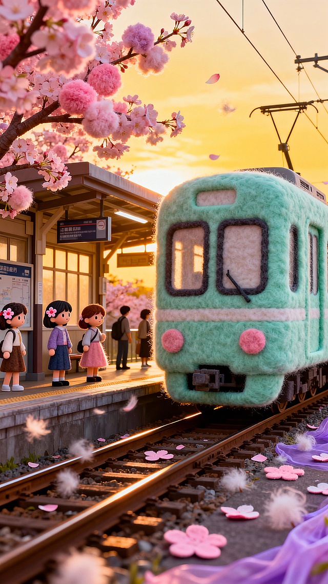 软3D风毛发生长质感，萌趣卡通人物与绒毛列车邂逅樱花站台，梦幻浪漫的春日温馨场景。