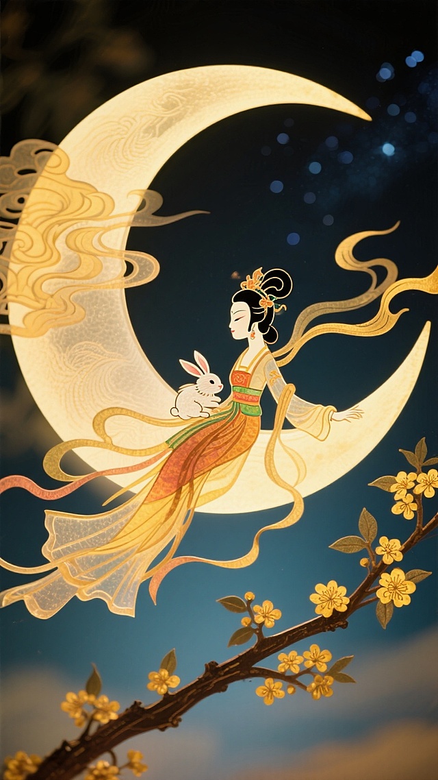嫦娥坐在月亮上，斜倚在弯月边缘怀抱玉兔，广袖垂落如流云漫过月面，构图新颖大胆（月亮占画面近半，嫦娥身形舒展与月弧形成呼应），衣袂飘带向四周散开似要融入星空，飘逸灵动，前景有斜伸的桂花树枝缀满金蕊。​