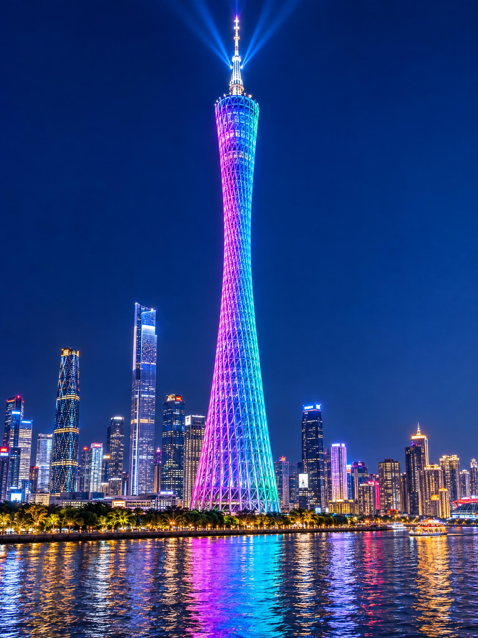 广州塔（小蛮腰）夜景摄影作品，高耸的塔身在夜色中通体点亮璀璨灯… - 图片创意预览