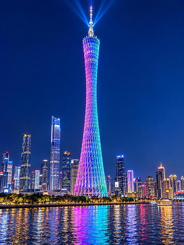 广州塔（小蛮腰）夜景摄影作品，高耸的塔身在夜色中通体点亮璀璨灯光，塔身呈现粉紫与蓝青渐变霓虹光彩，塔尖光束划破夜空，珠江水面波光倒映城市灯火，背景是珠江新城 CBD 摩天楼群与万家灯火，深蓝夜空干净通透，冷调与暖调灯光对比强烈，超广角仰拍构图，画质细腻通透，高清写实摄影风格，8K 细节，无文字