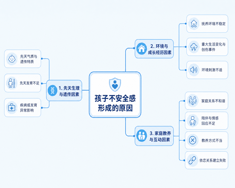绘制一张思维导图架构图，中心主题是"孩子不安全感形成的原因"，分为三个主分支：1.先天生理与遗传因素，包含先天气质与遗传特质、先天发育不足、疾病或发育异常影响三个子分支；2.环境与成长经历因素，包含抚预览效果