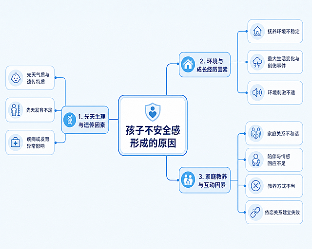 绘制一张思维导图架构图，中心主题是"孩子不安全感形成的原因"，分为三个主分支：1.先天生理与遗传因素，包含先天气质与遗传特质、先天发育不足、疾病或发育异常影响三个子分支；2.环境与成长经历因素，包含抚养环境不稳定、重大生活变化与创伤事件、环境刺激不适三个子分支；3.家庭教养与互动因素，包含家庭关系不和谐、陪伴与情感回应不足、教养方式不当、依恋关系建立失败四个子分支。要求扁平化信息图设计，清晰易读，浅蓝色配色，专业科普风格