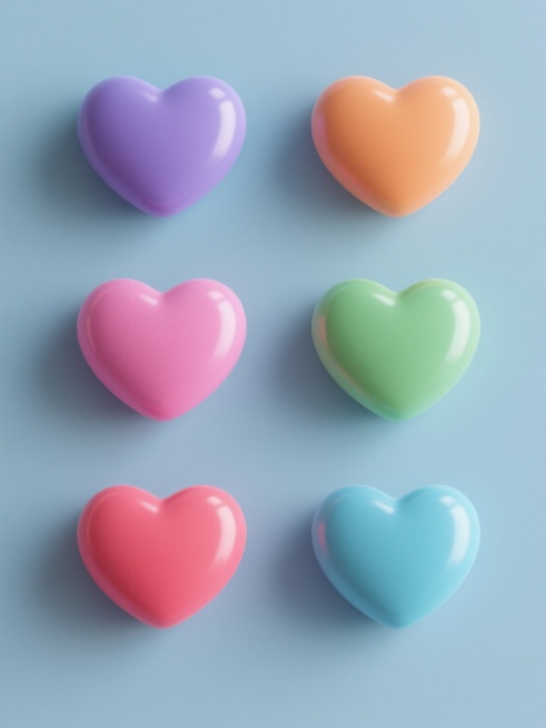 3D风格，六个不同颜色的心形素材规整排布，整体造型简约现代，纯色背景，无任何文字，无logo，无水印，心形具有光滑的3D质感，色彩鲜明且和谐，光影柔和，高光细节清晰，阴影自然过渡，构图对称平衡，视觉层次分明，氛围简洁明快，符合现代设计感。预览效果
