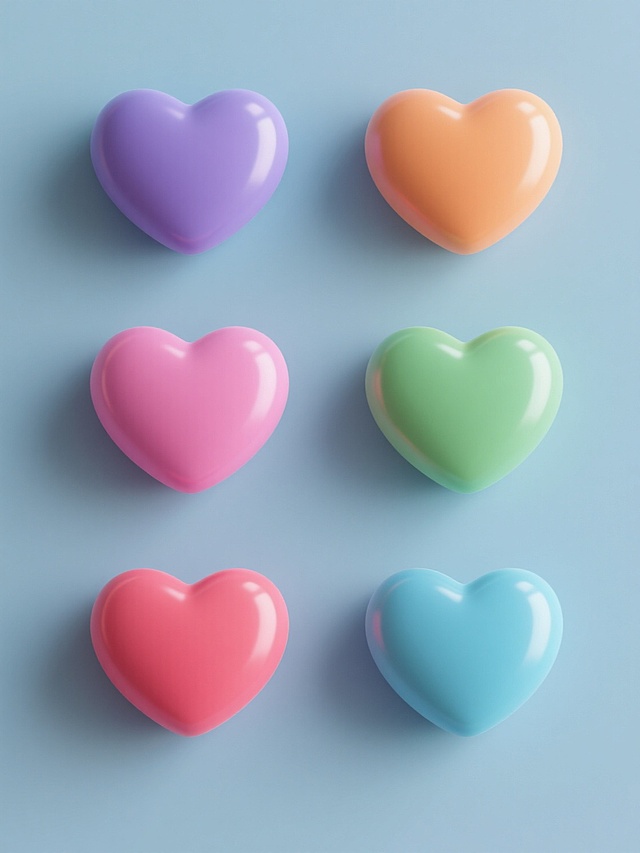 3D风格，六个不同颜色的心形素材规整排布，整体造型简约现代，纯色背景，无任何文字，无logo，无水印，心形具有光滑的3D质感，色彩鲜明且和谐，光影柔和，高光细节清晰，阴影自然过渡，构图对称平衡，视觉层次分明，氛围简洁明快，符合现代设计感。
