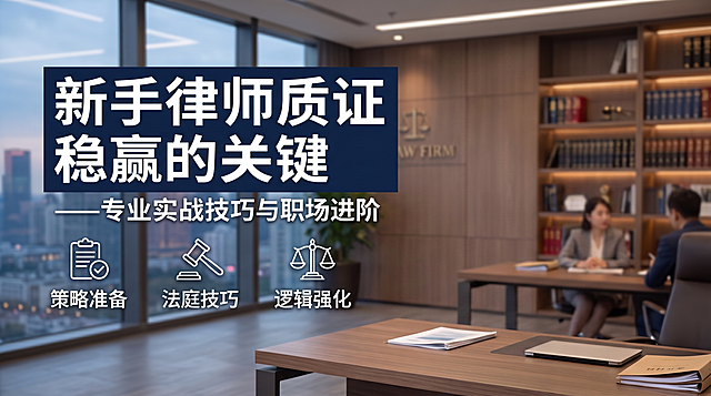 去掉图中直面镜头的人物，仅保留虚化背景中的人物，保持整体画面其他元素不变：文字"新手律师质证稳赢的关键"及下方文案、图标、背景的办公室和书架落地窗都保留，生成编辑后的图片，保持16:9比例