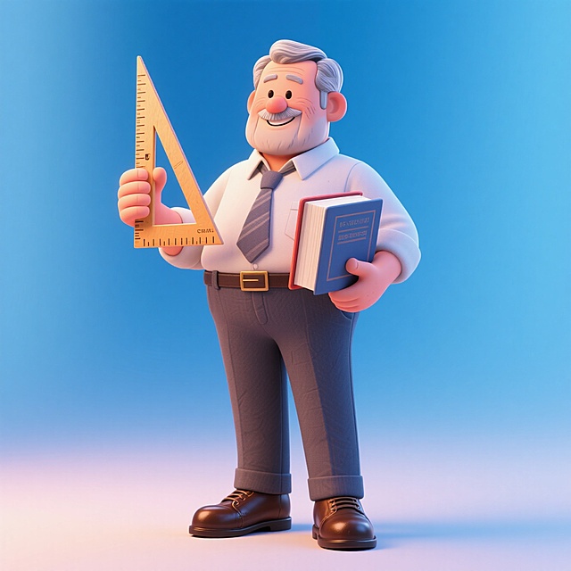 中年男教师（拿三角尺和书，穿皮鞋），全身，元素完整。蓝色渐变背景
