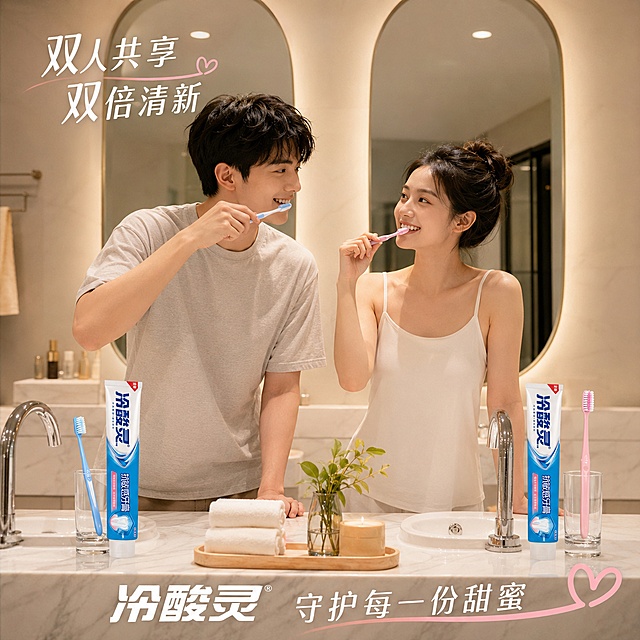 冷酸灵抗敏感牙膏情侣双人洗漱场景图。温馨的现代浴室，一对年轻情侣并排站在双洗手台前一起刷牙，两人相视微笑，两个洗手台上各放着一支冷酸灵牙膏和牙刷，背景是双镜子和大理石台面，暖白色灯光，充满甜蜜生活感。超高清生活摄影质感，温馨甜蜜。左上角文字双人共享 双倍清新。底部文字冷酸灵 守护每一份甜蜜。1比1比例。保持牙膏包装与产品图一致。