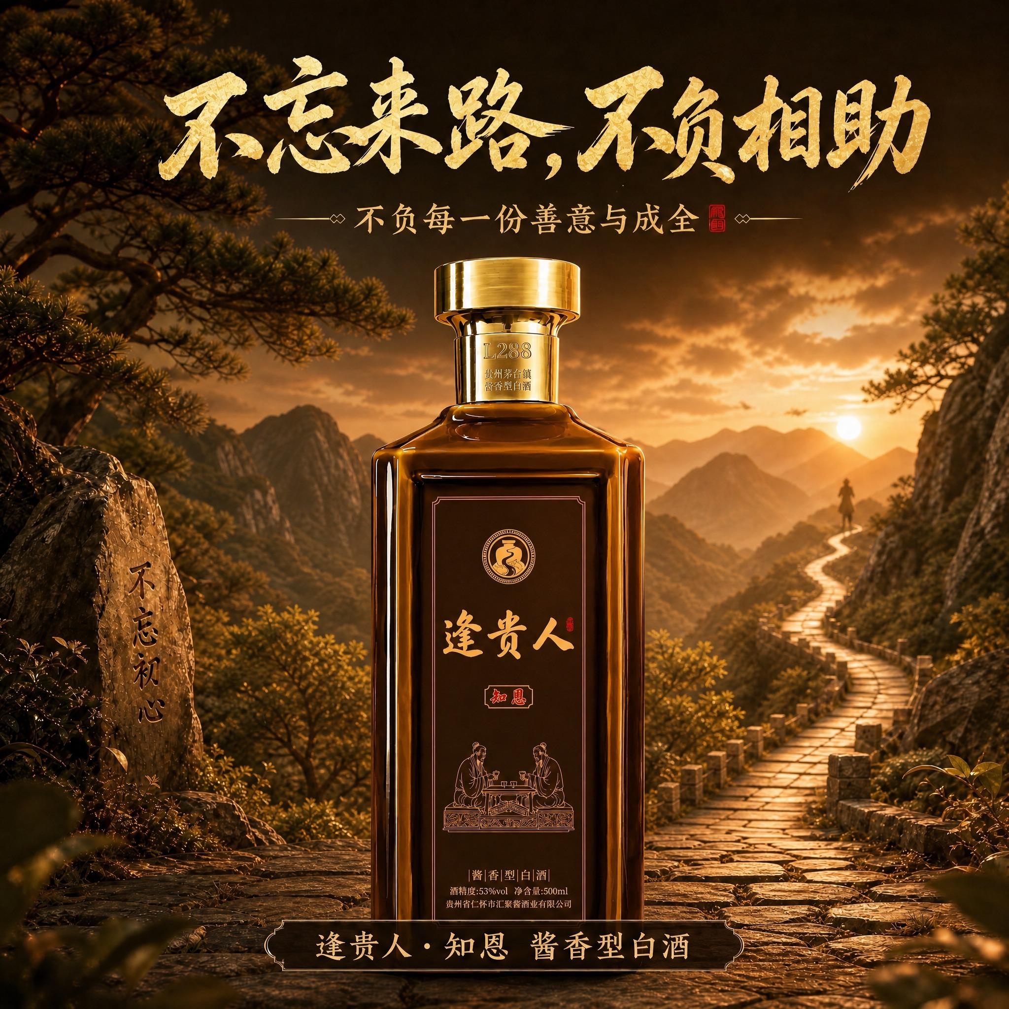 移除画面左侧的包装盒，只保留中央的逢贵人知恩白酒瓶身。酒瓶居中… - 图片创意预览
