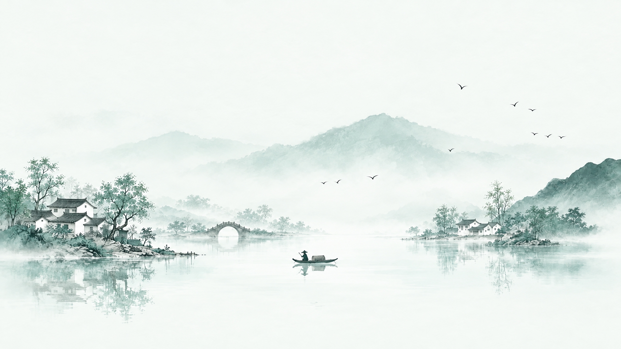 将整体色调改为浅浅的青绿色调，减少远处山峦的层数和数量，保留近… - 图片创意预览