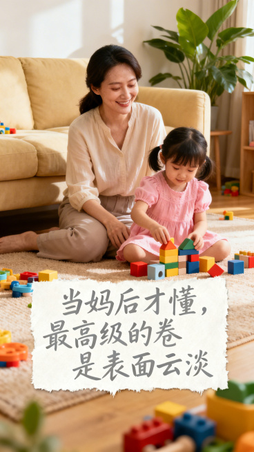 温馨治愈风格，画面中一位妈妈面带从容微笑，身旁是玩耍的孩子，背景是暖色调的温馨居家场景，配文"当妈后才懂，最高级的卷是表面云淡"预览效果