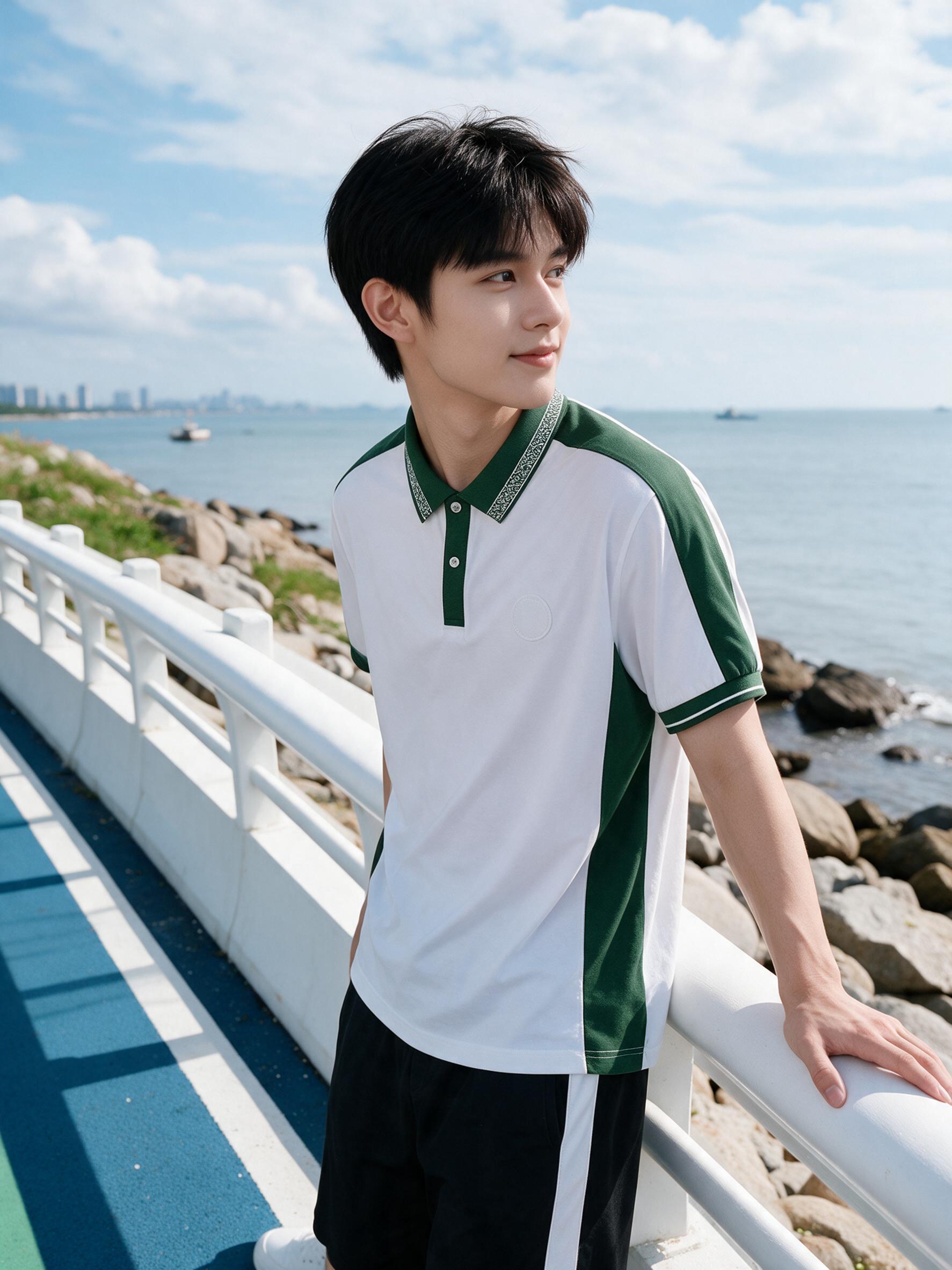 海边滨海骑行道，一名少年男模特半身照。模特保持参考图的面容（黑… - 图片创意预览