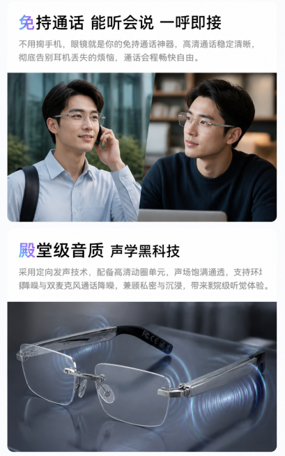 参考第一张图片的模块设计AI智能眼镜电商详情页，保留整体排版结构。严格1:1还原用户提供的眼镜样式：保留无框透明镜片、银色金属镜架，镜腿带FCC CE认证标识等所有细节，完全遵循用户上传的参考图纠正之预览效果