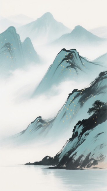 中国水墨画风格的山水背景，以淡青色和墨色为主色调，山峦轮廓用流畅的写意笔触勾勒，山间弥漫着朦胧的白色雾气，营造出空灵悠远的意境。山体上点缀着细密的金色小点，如同阳光洒下的光斑，山脚下有平静的水面，整体画面干净简洁，构图开阔，留白恰到好处，没有任何文字和标识，适合作为背景素材使用。预览效果
