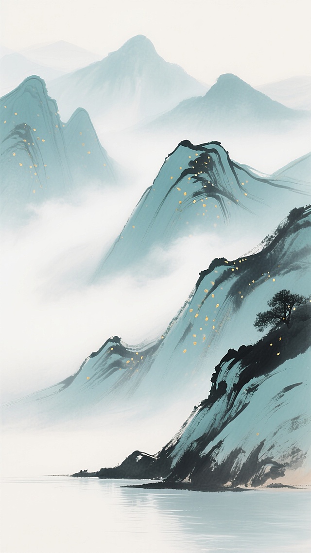 中国水墨画风格的山水背景，以淡青色和墨色为主色调，山峦轮廓用流畅的写意笔触勾勒，山间弥漫着朦胧的白色雾气，营造出空灵悠远的意境。山体上点缀着细密的金色小点，如同阳光洒下的光斑，山脚下有平静的水面，整体画面干净简洁，构图开阔，留白恰到好处，没有任何文字和标识，适合作为背景素材使用。